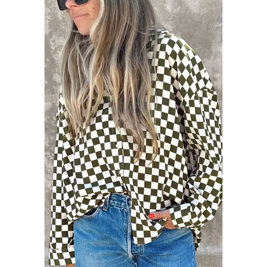 Checkered Collared Neck Long Sleeve Shirt Apparel and Accessories