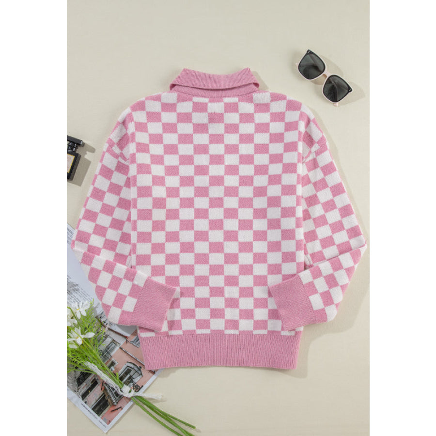 Checkered Collared Neck Long Sleeve Sweater Apparel and Accessories