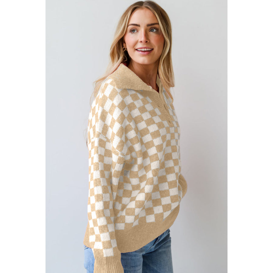 Checkered Collared Neck Long Sleeve Sweater Apparel and Accessories