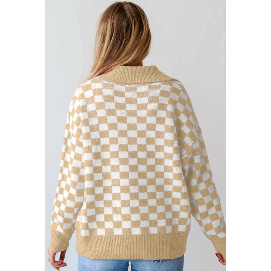 Checkered Collared Neck Long Sleeve Sweater Apparel and Accessories