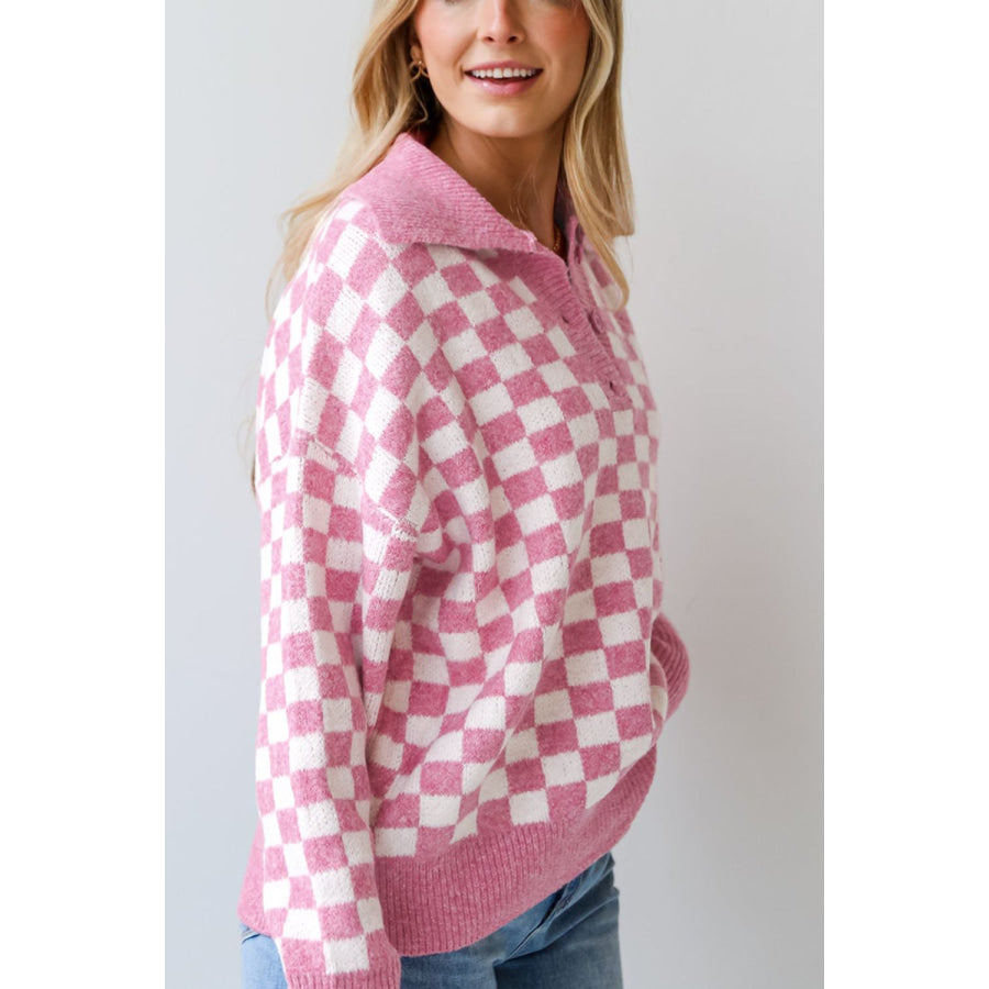Checkered Collared Neck Long Sleeve Sweater Apparel and Accessories
