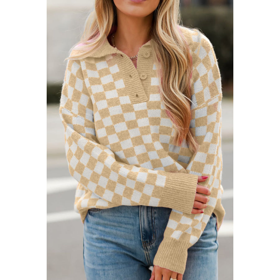 Checkered Collared Neck Long Sleeve Sweater Tan / M Apparel and Accessories