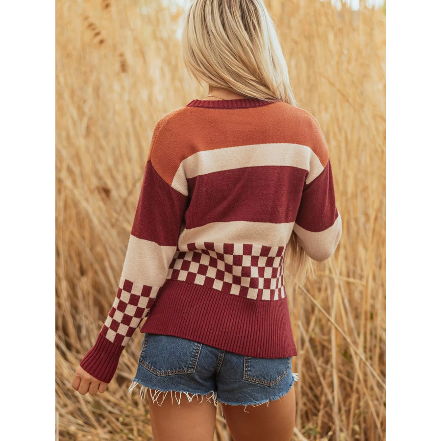 Checkered Color Block Knitted Drop Shoulder Sweater Apparel and Accessories
