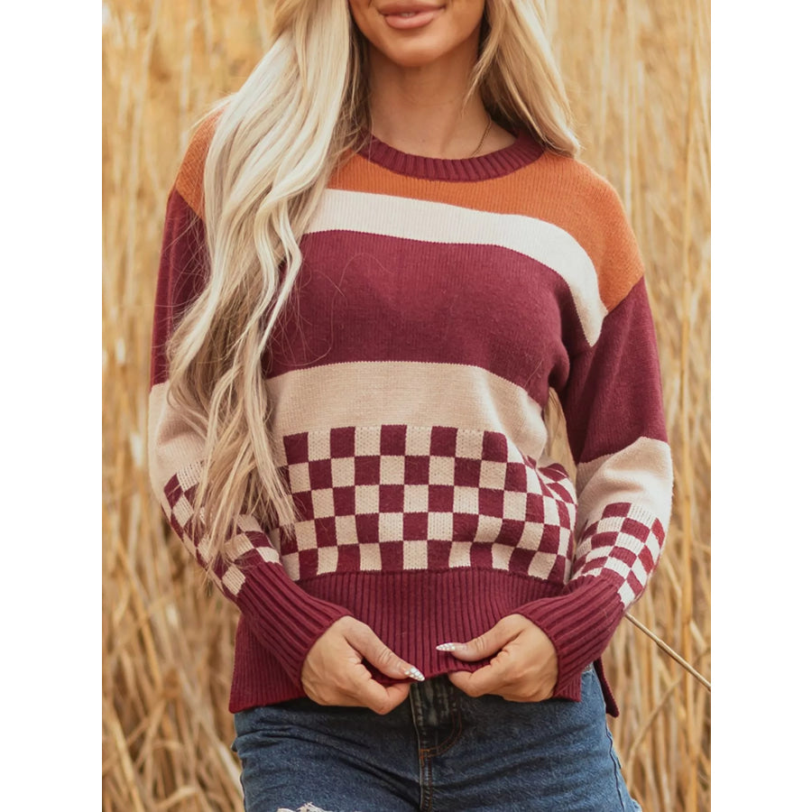 Checkered Color Block Knitted Drop Shoulder Sweater Apparel and Accessories