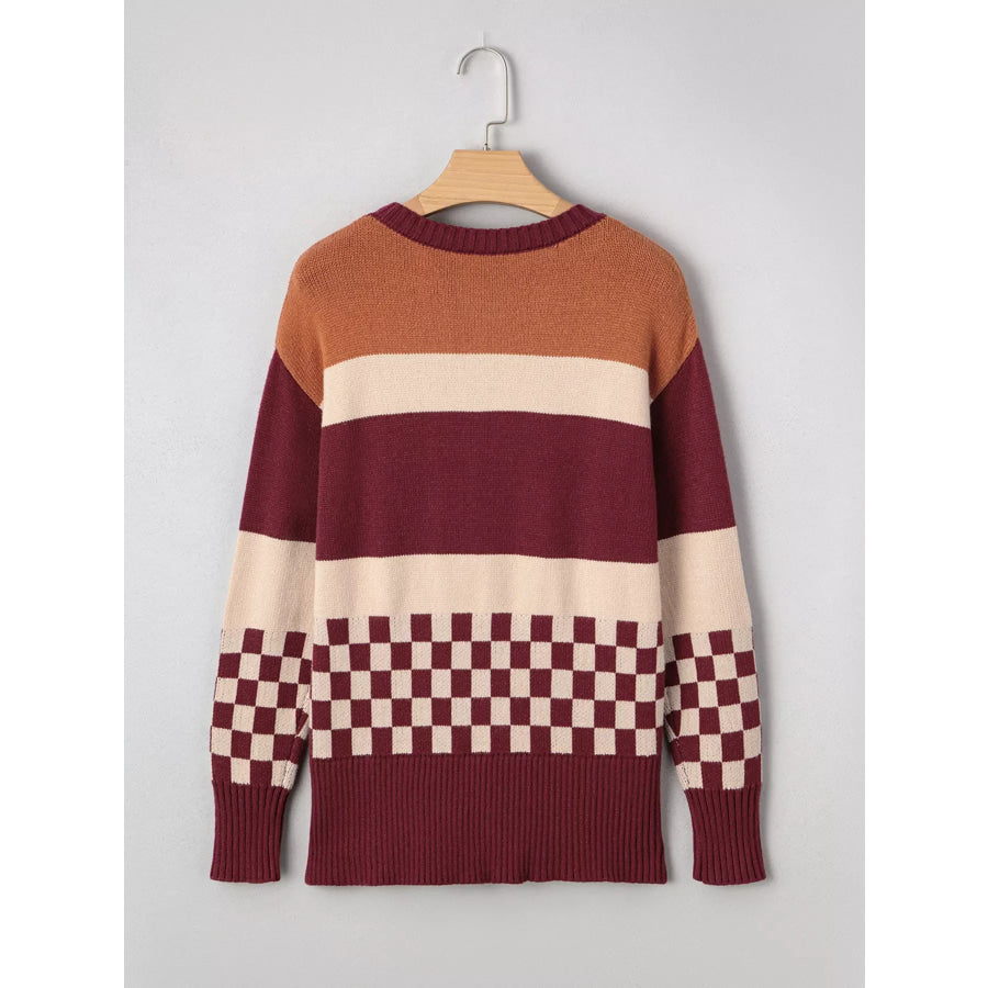 Checkered Color Block Knitted Drop Shoulder Sweater Apparel and Accessories