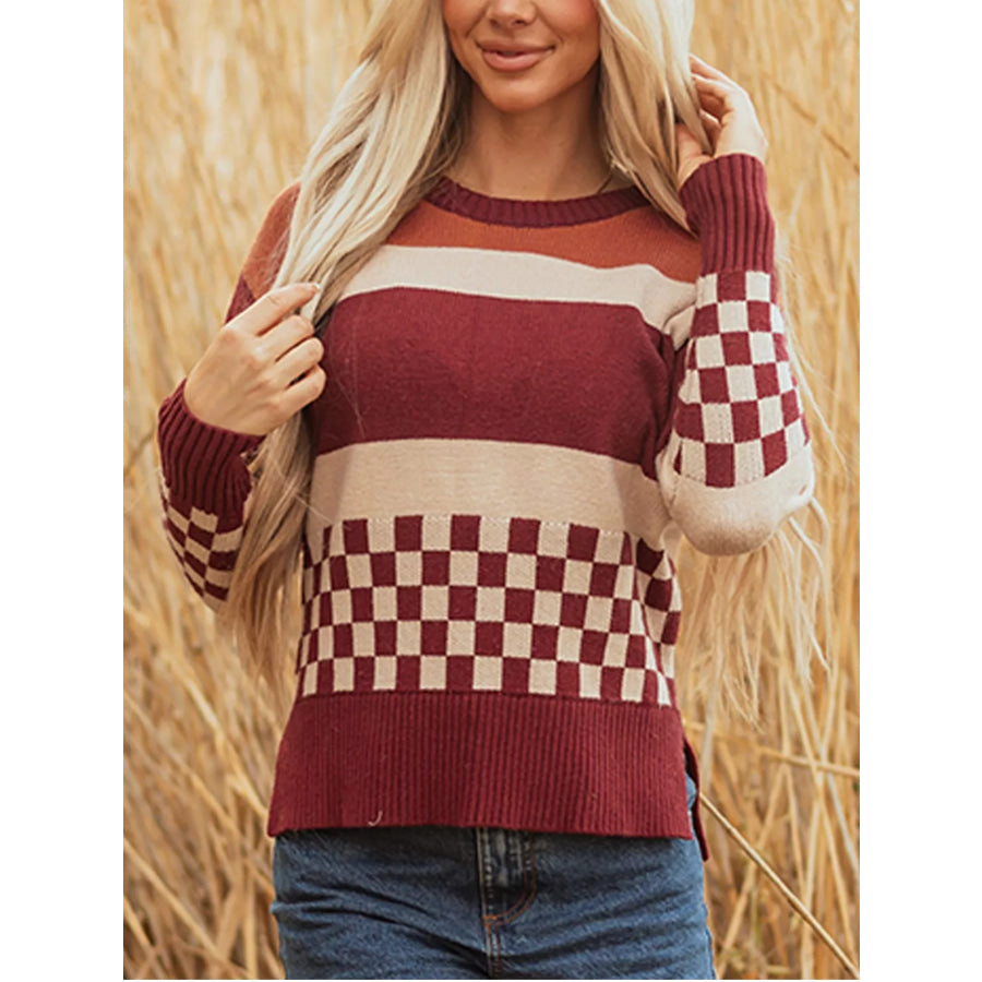 Checkered Color Block Knitted Drop Shoulder Sweater Apparel and Accessories