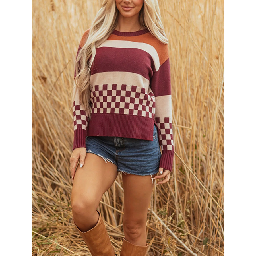 Checkered Color Block Knitted Drop Shoulder Sweater Apparel and Accessories