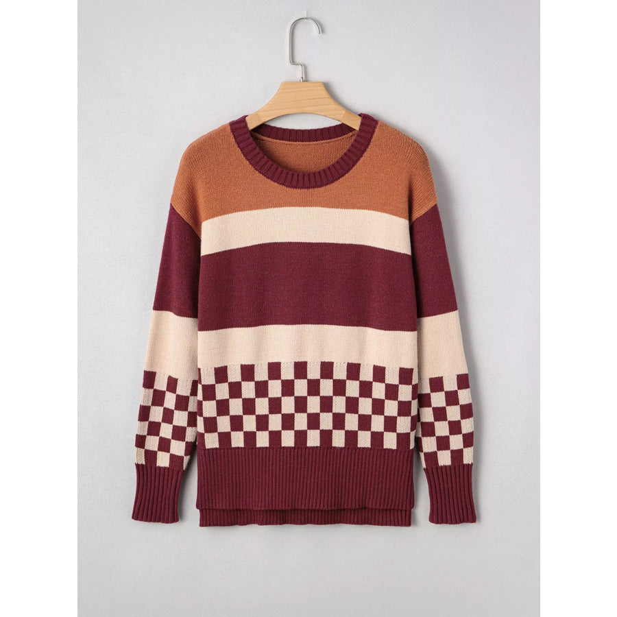 Checkered Color Block Knitted Drop Shoulder Sweater Apparel and Accessories
