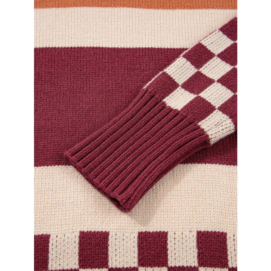 Checkered Color Block Knitted Drop Shoulder Sweater Apparel and Accessories