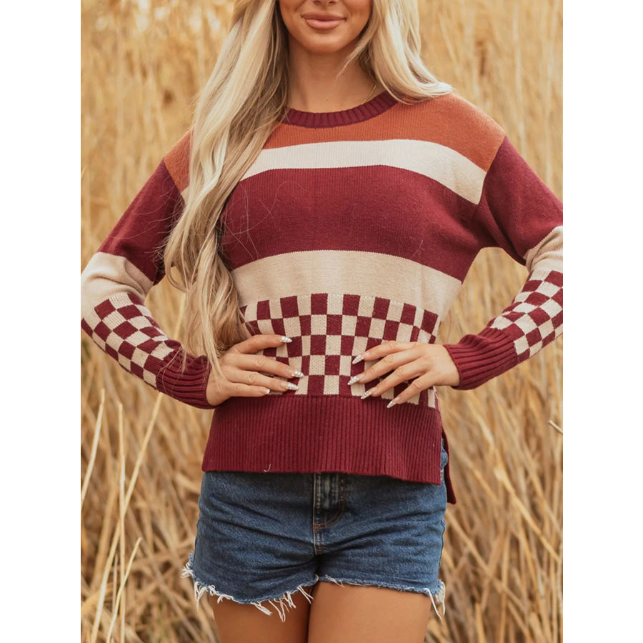 Checkered Color Block Knitted Drop Shoulder Sweater Apparel and Accessories
