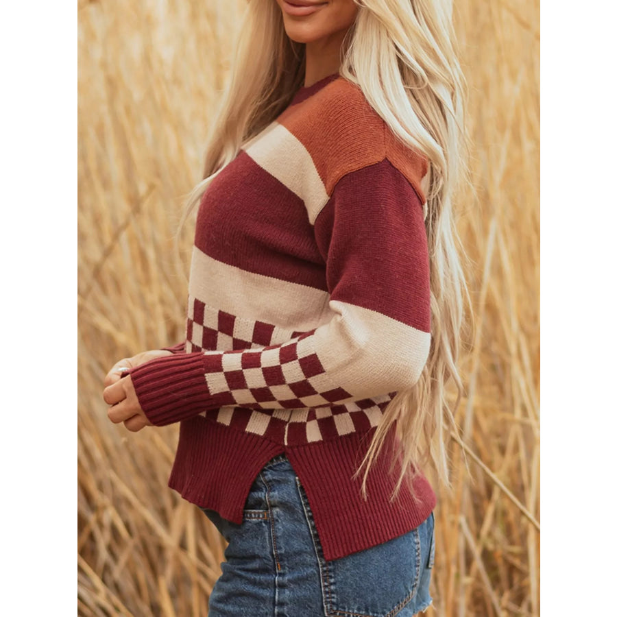 Checkered Color Block Knitted Drop Shoulder Sweater Apparel and Accessories