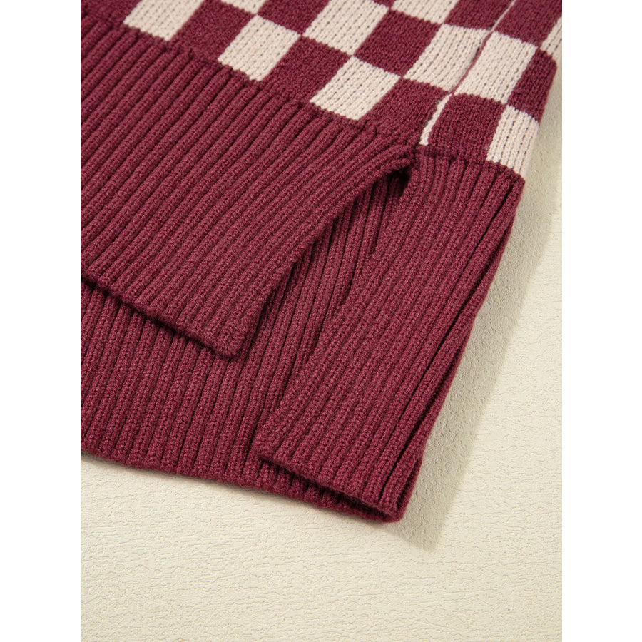 Checkered Color Block Knitted Drop Shoulder Sweater Apparel and Accessories