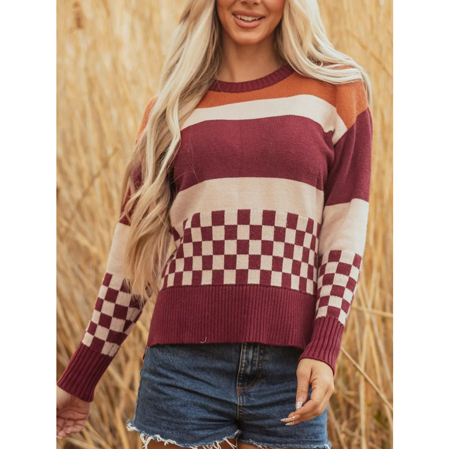 Checkered Color Block Knitted Drop Shoulder Sweater Multicolor / S Apparel and Accessories