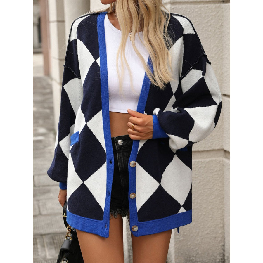 Checkered Dropped Shoulder Long Sleeve Cardigan Apparel and Accessories