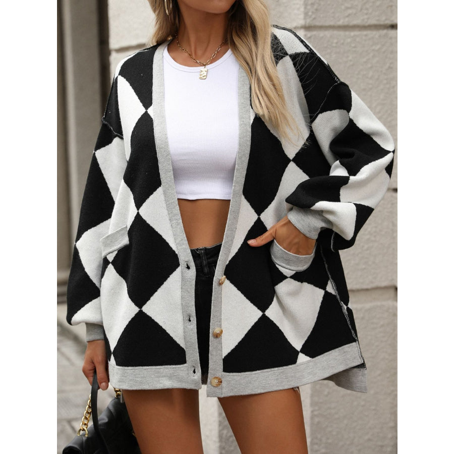 Checkered Dropped Shoulder Long Sleeve Cardigan Apparel and Accessories