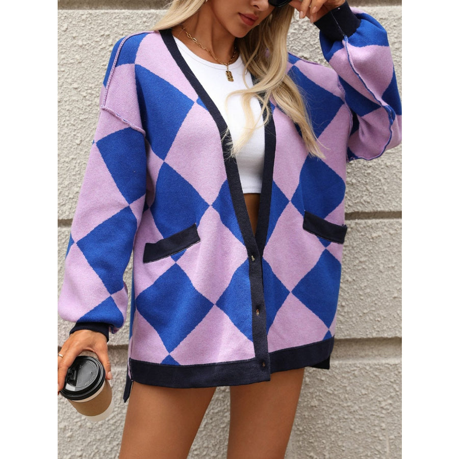 Checkered Dropped Shoulder Long Sleeve Cardigan Apparel and Accessories