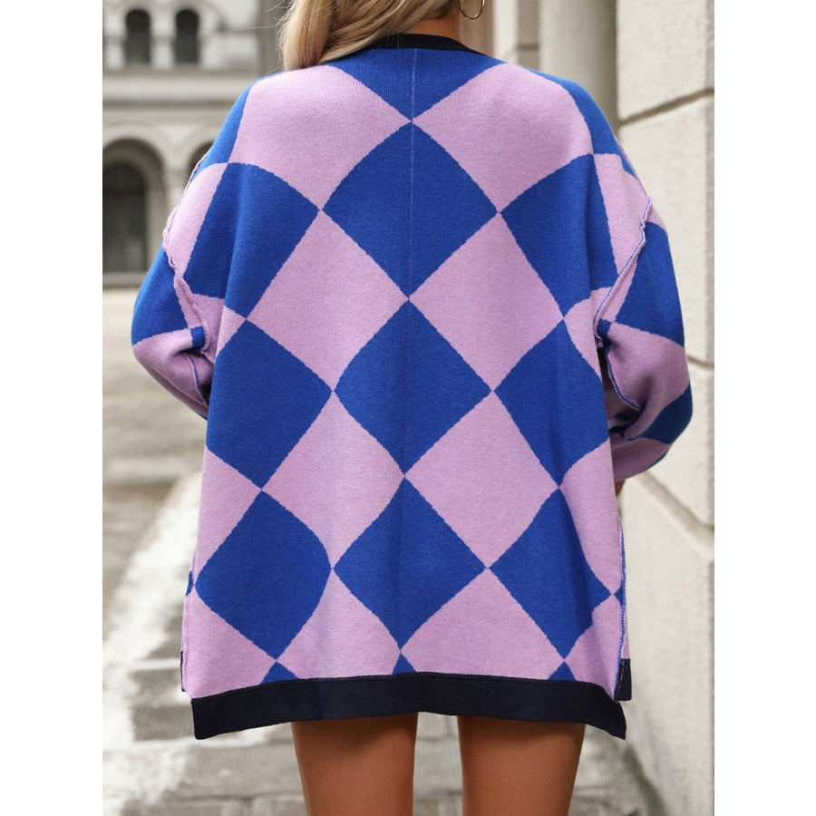 Checkered Dropped Shoulder Long Sleeve Cardigan Apparel and Accessories