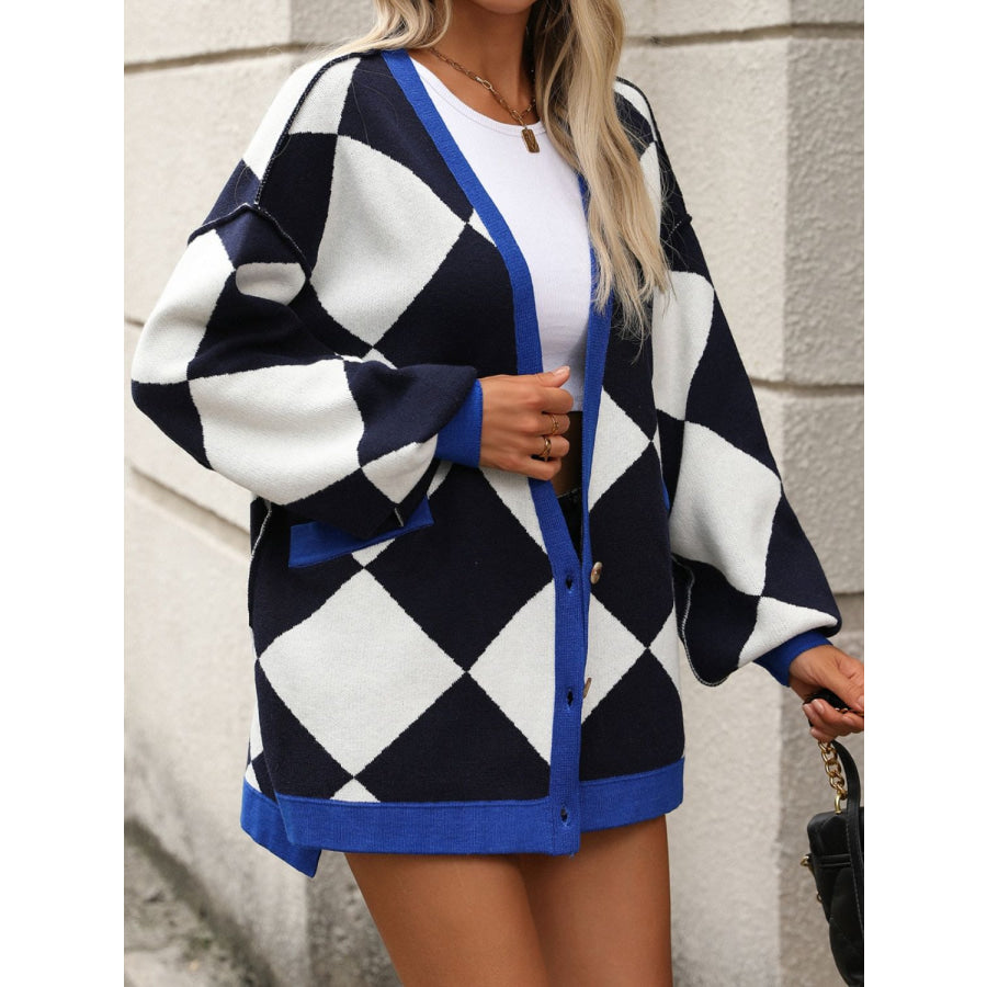 Checkered Dropped Shoulder Long Sleeve Cardigan Apparel and Accessories