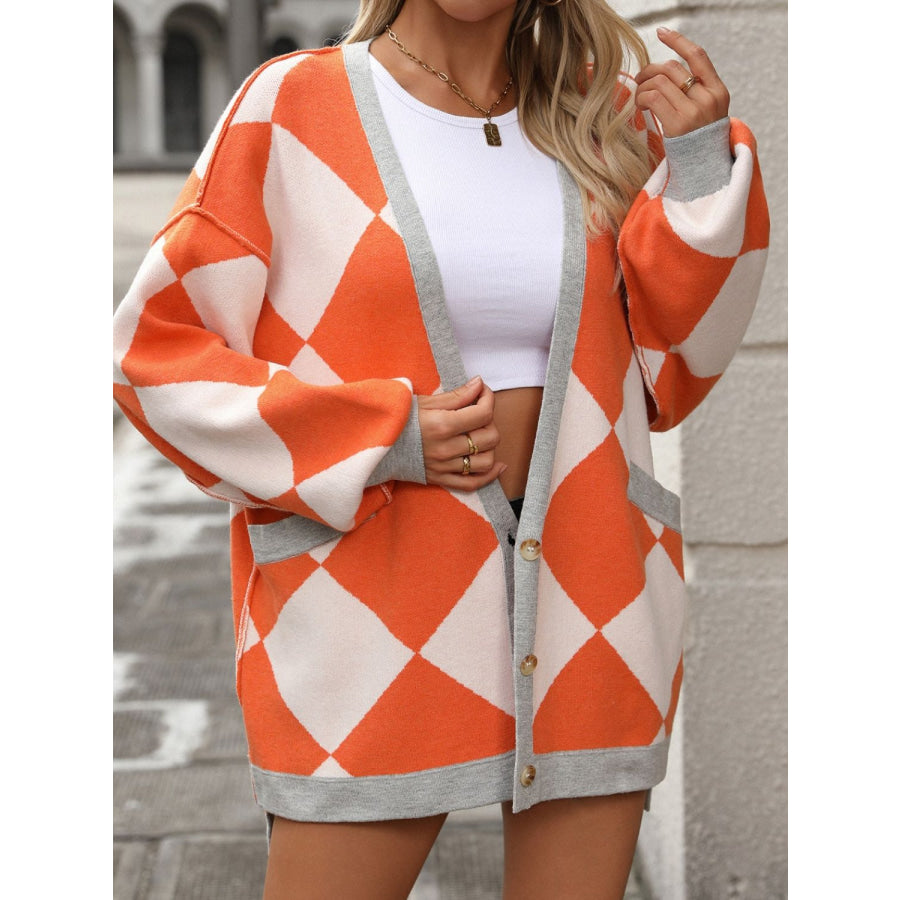 Checkered Dropped Shoulder Long Sleeve Cardigan Apparel and Accessories