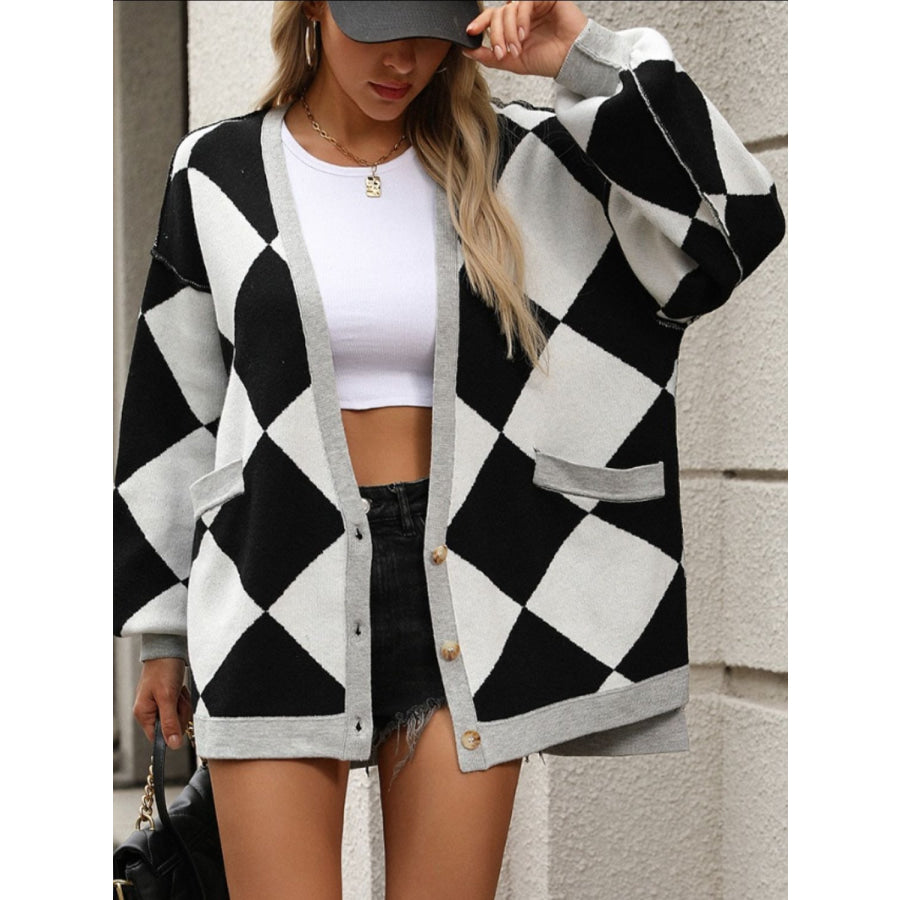 Checkered Dropped Shoulder Long Sleeve Cardigan Apparel and Accessories