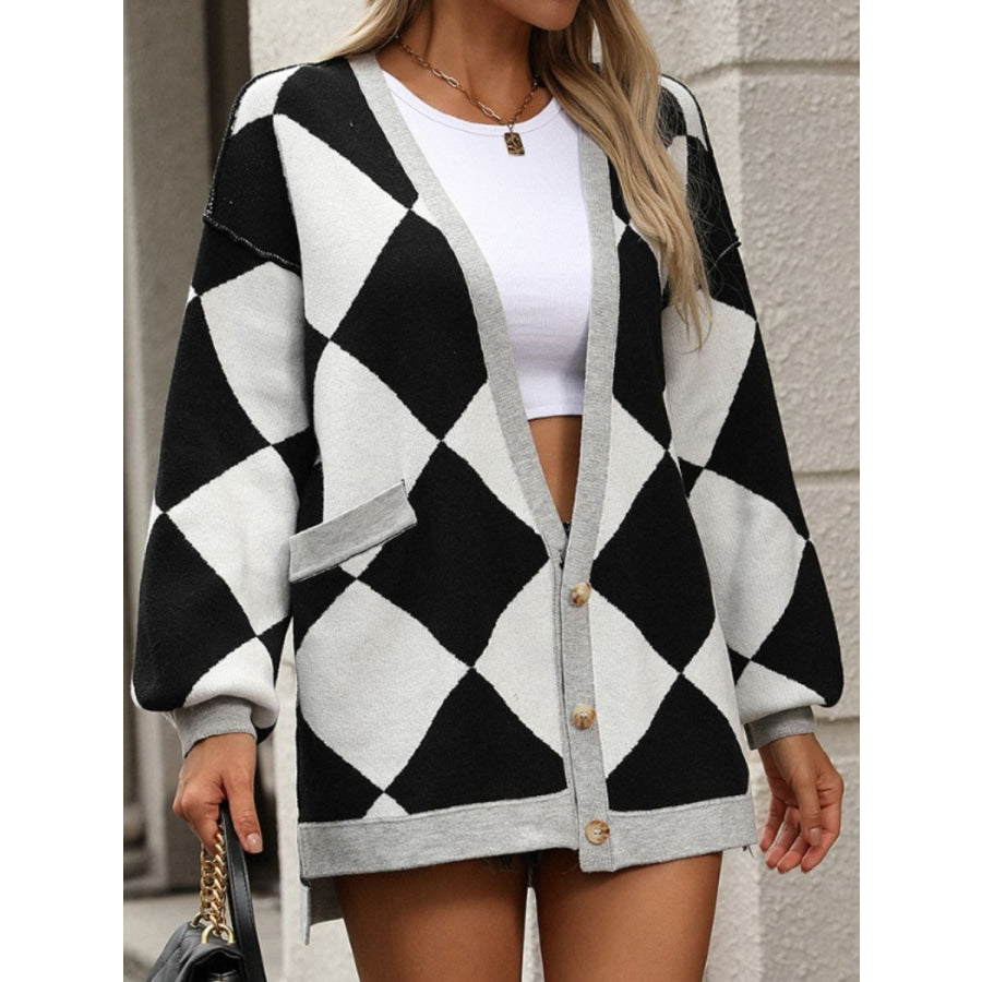 Checkered Dropped Shoulder Long Sleeve Cardigan Black / S Apparel and Accessories