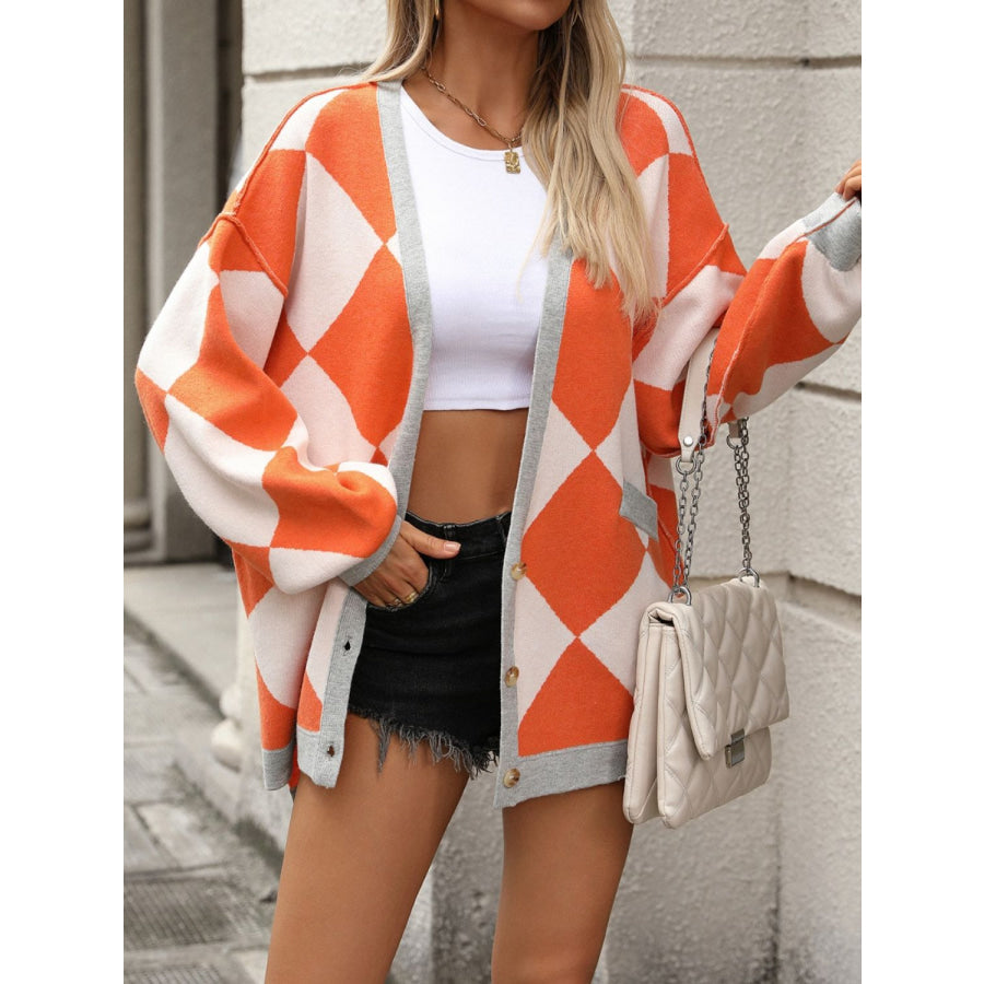 Checkered Dropped Shoulder Long Sleeve Cardigan Orange / S Apparel and Accessories