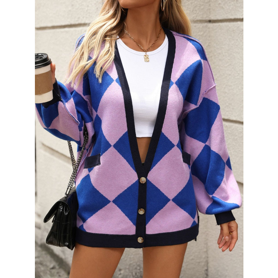 Checkered Dropped Shoulder Long Sleeve Cardigan Pink Purple / S Apparel and Accessories