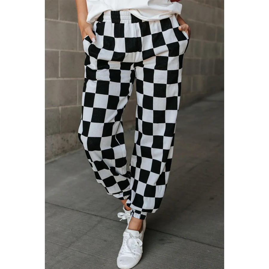 Checkered Elastic Waist Joggers Black / S Apparel and Accessories