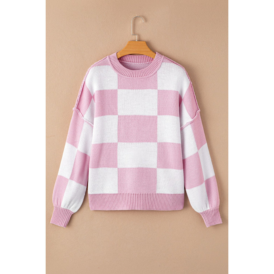 Checkered Exposed Seam Drooped Shoulder Sweater Dusty Pink / S