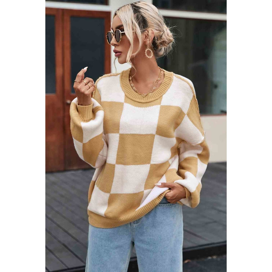 Checkered Exposed Seam Drooped Shoulder Sweater Tan / S