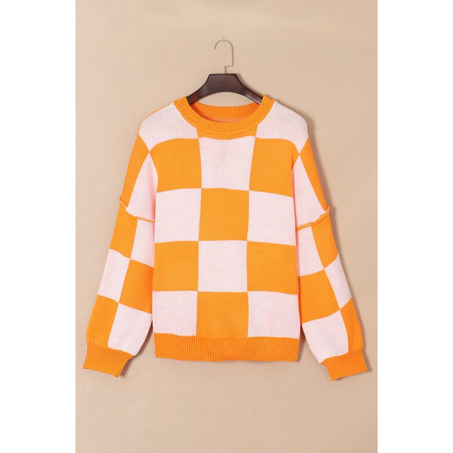 Checkered Exposed Seam Drooped Shoulder Sweater Tangerine / L