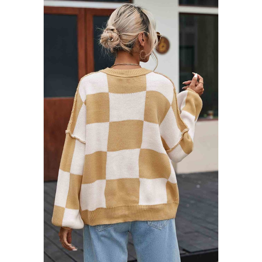 Checkered Exposed Seam Drooped Shoulder Sweater