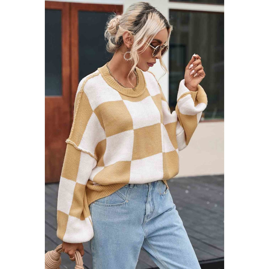 Checkered Exposed Seam Drooped Shoulder Sweater