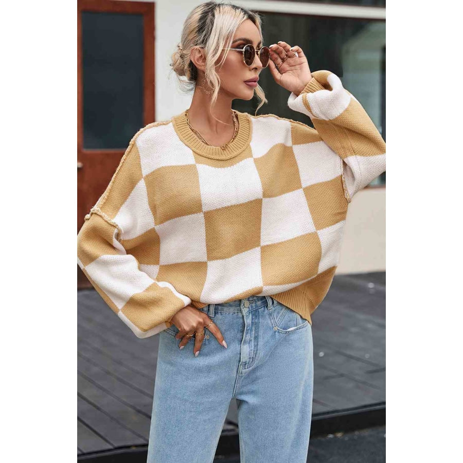 Checkered Exposed Seam Drooped Shoulder Sweater