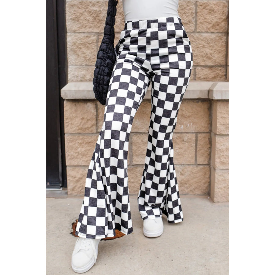 Checkered Flare Pants with Pockets Apparel and Accessories