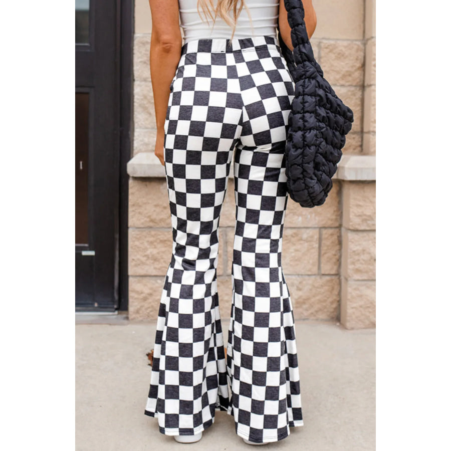 Checkered Flare Pants with Pockets Apparel and Accessories