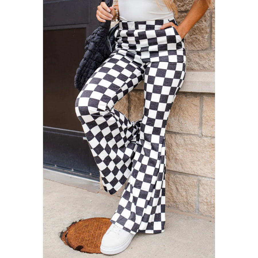 Checkered Flare Pants with Pockets Black / S Apparel and Accessories