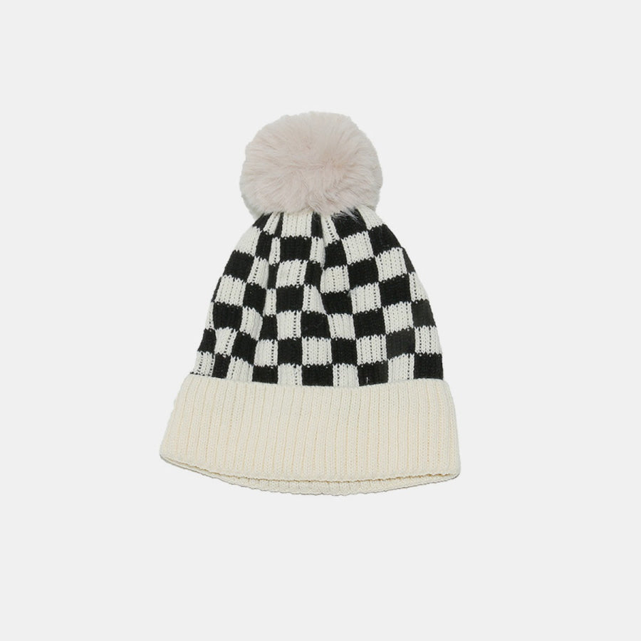 Checkered Knit Hat with Pompom Apparel and Accessories