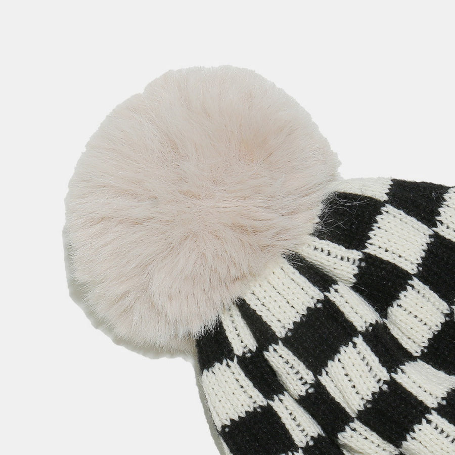 Checkered Knit Hat with Pompom Apparel and Accessories
