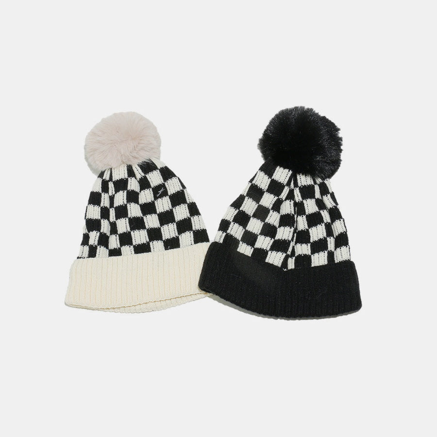 Checkered Knit Hat with Pompom Apparel and Accessories