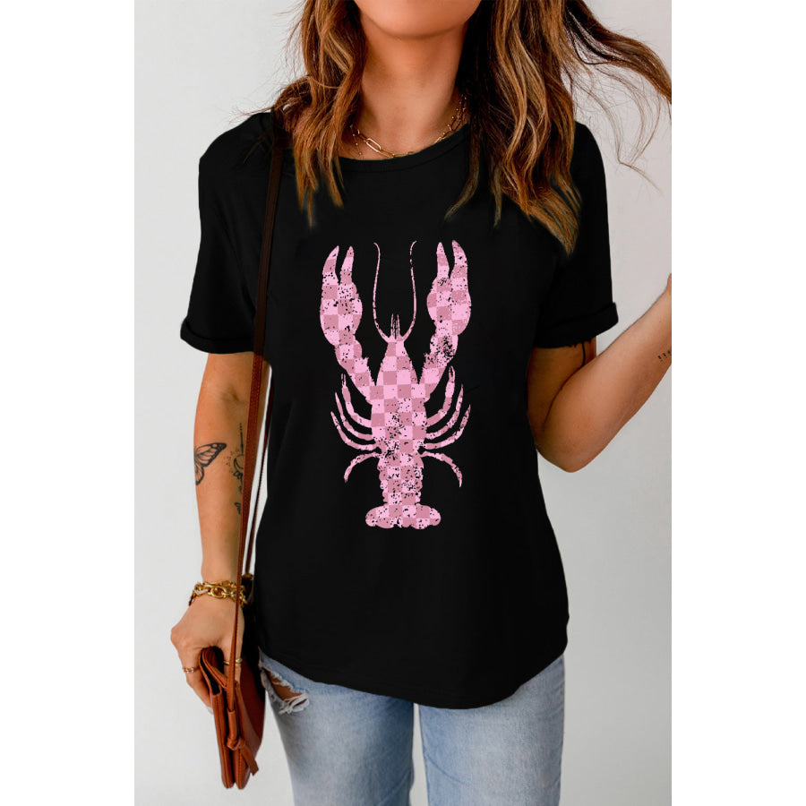 Checkered Lobster Graphic Round Neck Short Sleeve T-Shirt Black / S Apparel and Accessories