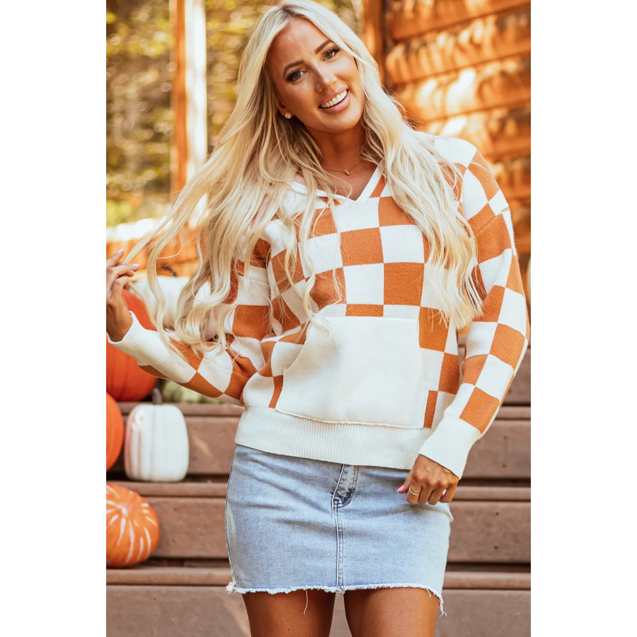 Checkered Long Sleeve Hooded Sweater Apparel and Accessories