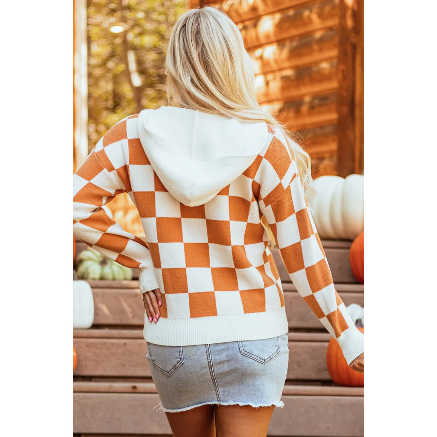 Checkered Long Sleeve Hooded Sweater Apparel and Accessories