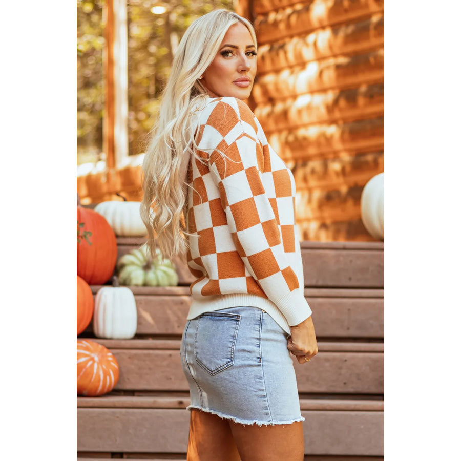 Checkered Long Sleeve Hooded Sweater Apparel and Accessories