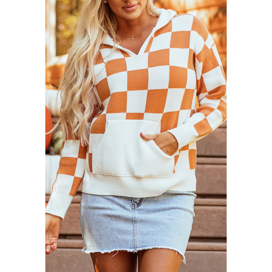 Checkered Long Sleeve Hooded Sweater Orange / S Apparel and Accessories