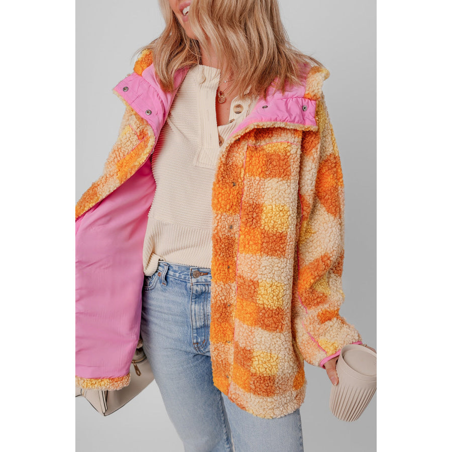 Checkered Long Sleeve Sherpa Hooded Jacket Tangerine / S Apparel and Accessories