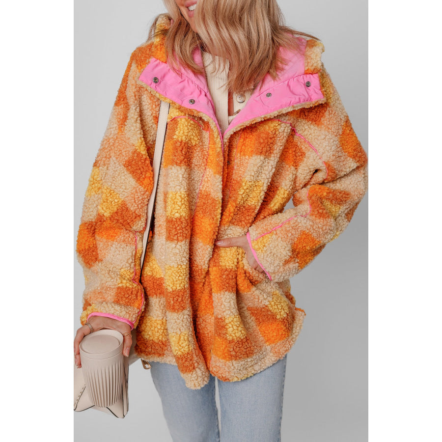 Checkered Long Sleeve Sherpa Hooded Jacket Apparel and Accessories