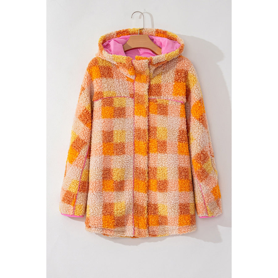 Checkered Long Sleeve Sherpa Hooded Jacket Apparel and Accessories