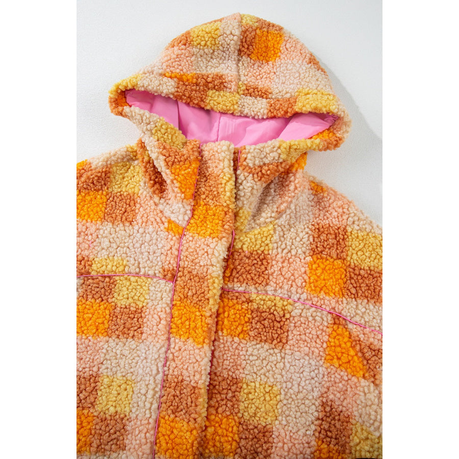 Checkered Long Sleeve Sherpa Hooded Jacket Apparel and Accessories