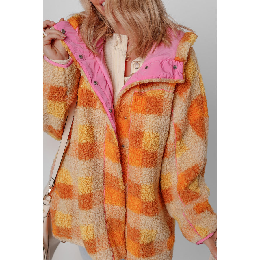 Checkered Long Sleeve Sherpa Hooded Jacket Apparel and Accessories